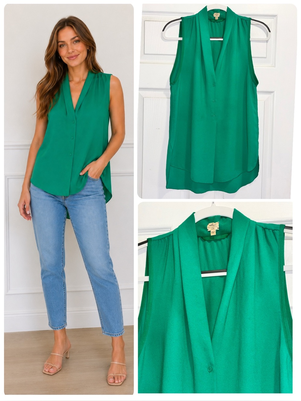 Aritzia Wilfred Nuit Blouse Sleeveless V/Neck Flowy Emerald Green Top Size Small
